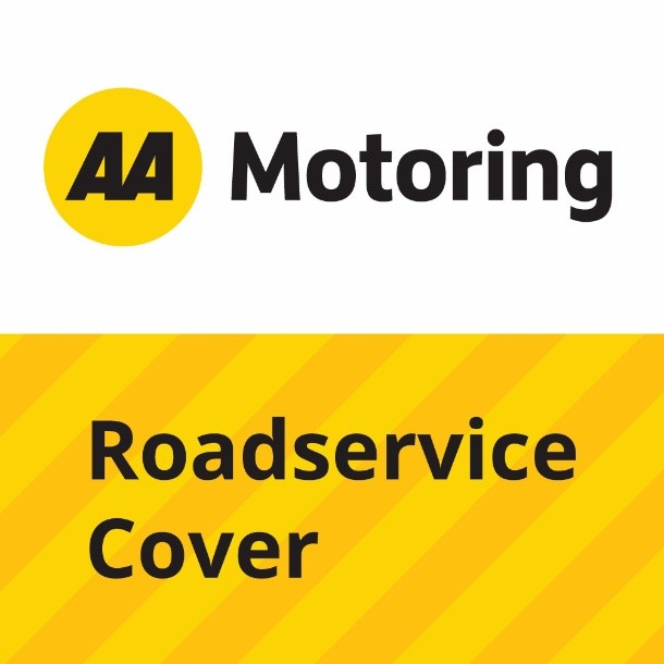 AA Motoring logo above the words Roadservice Cover on a yellow background with diagonal stripes.