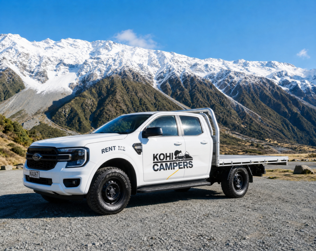 A white Kohi Campers flatbed truck is parked on a gravel area with snow-capped mountains and a blue sky in the background.