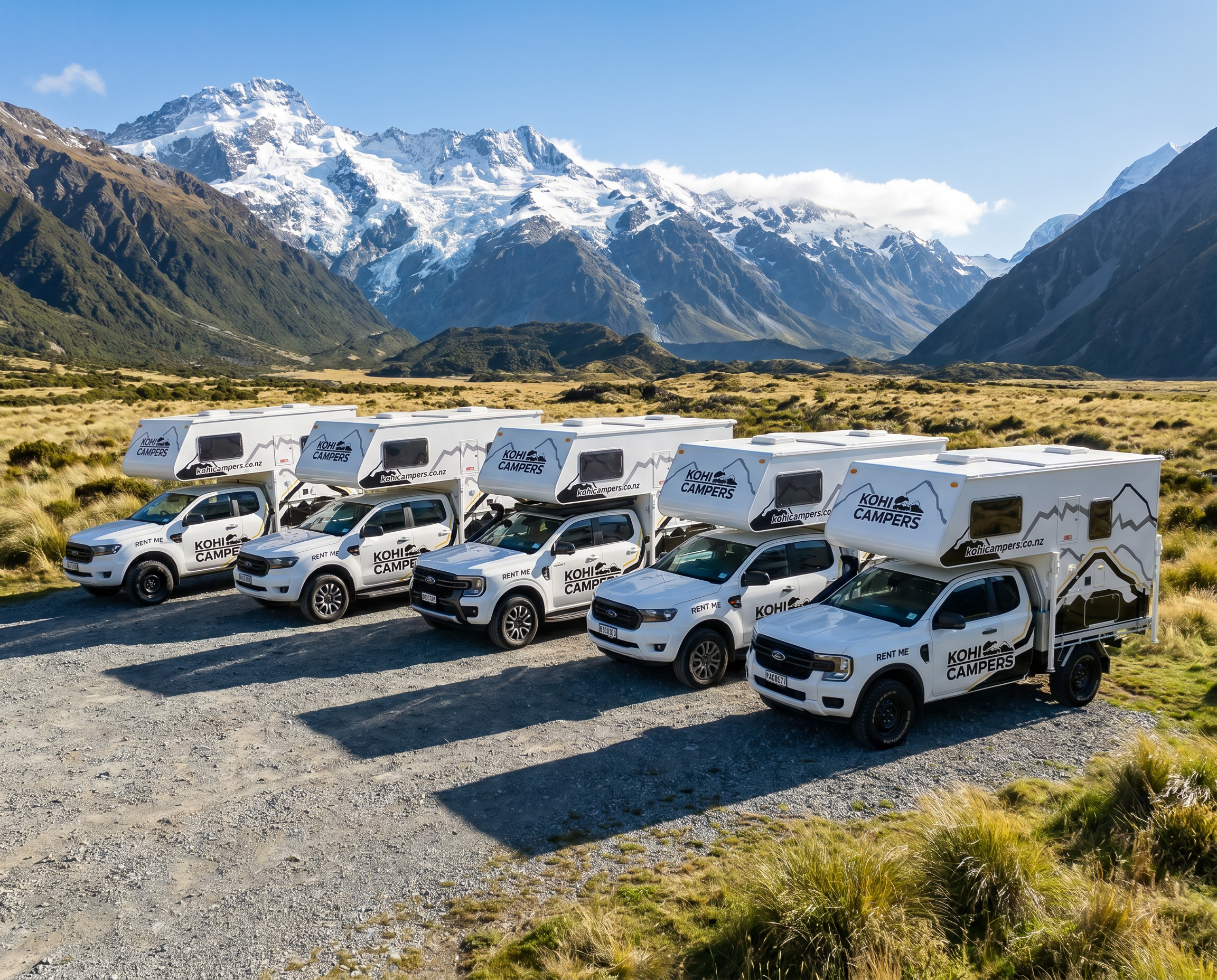 Six white camper vans with “Kiwi Campers” logos are parked in a row on a gravel area, surrounded by grassy fields, with snow-capped mountains and a clear blue sky in the background.