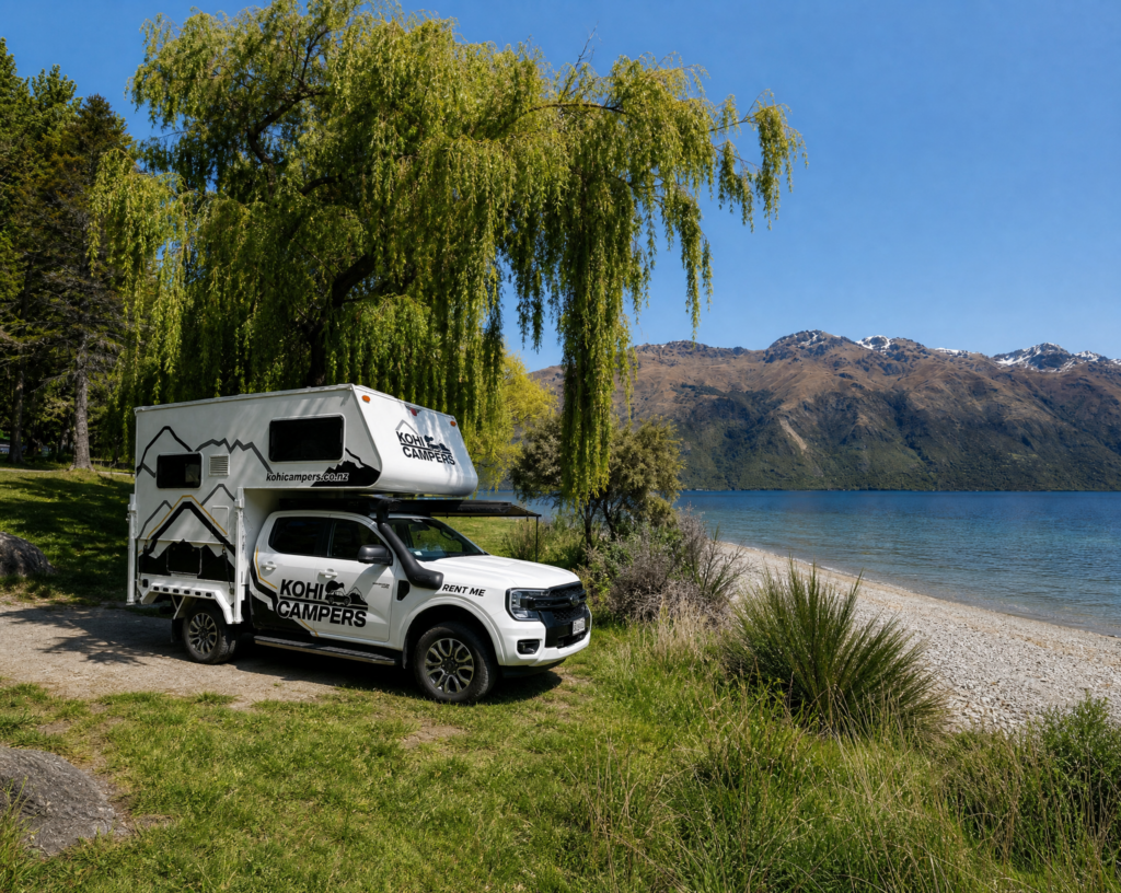A white camper van parked on a grassy area by a lake, under a leafy tree, with mountains and blue sky in the background. The camper is marked Kohi Campers.