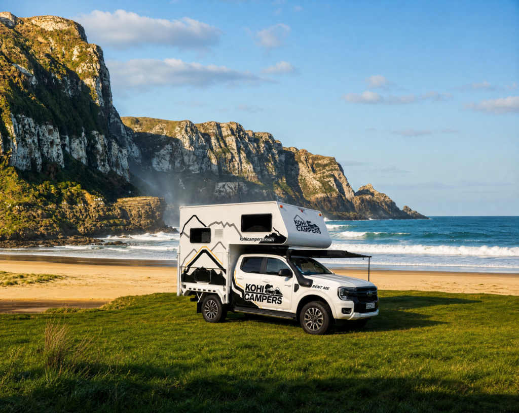 A white Kohi Campers truck with a camper attachment is parked on green grass by a sandy beach, with ocean waves and rocky cliffs in the background under a blue sky.
