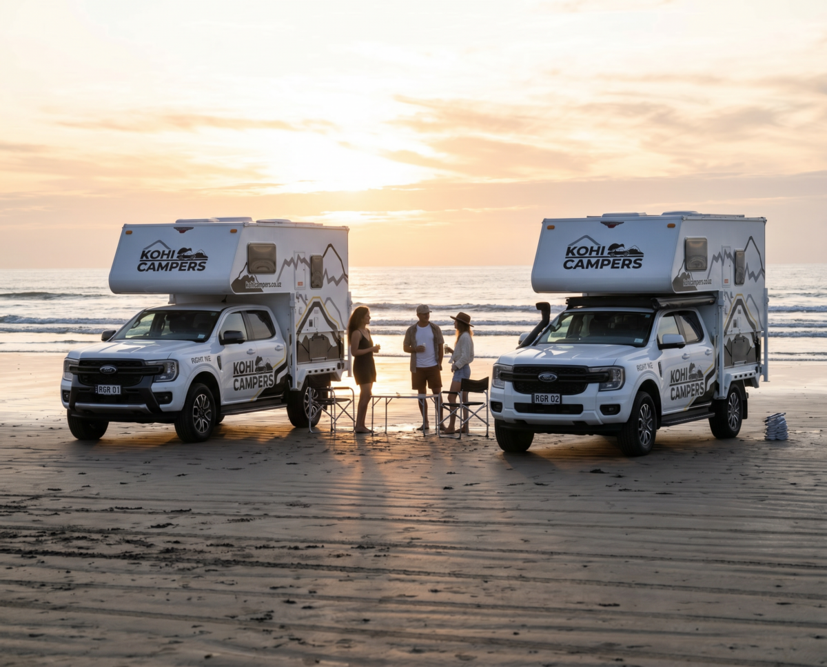 Two camper vans labeled Kohi Campers are parked on a sandy beach at sunset. Four people stand between the vehicles around a foldable table, enjoying the beach setting with the ocean and sky in the background.