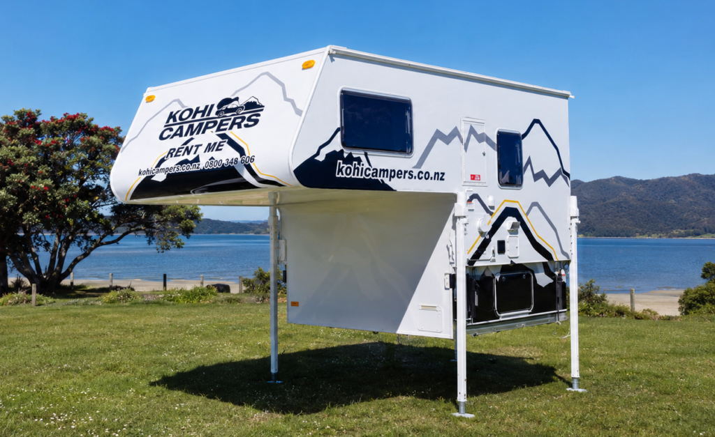 A white Kohi Campers rental camper is set up on a grassy area near a lake, with trees and mountains in the background under a blue sky.